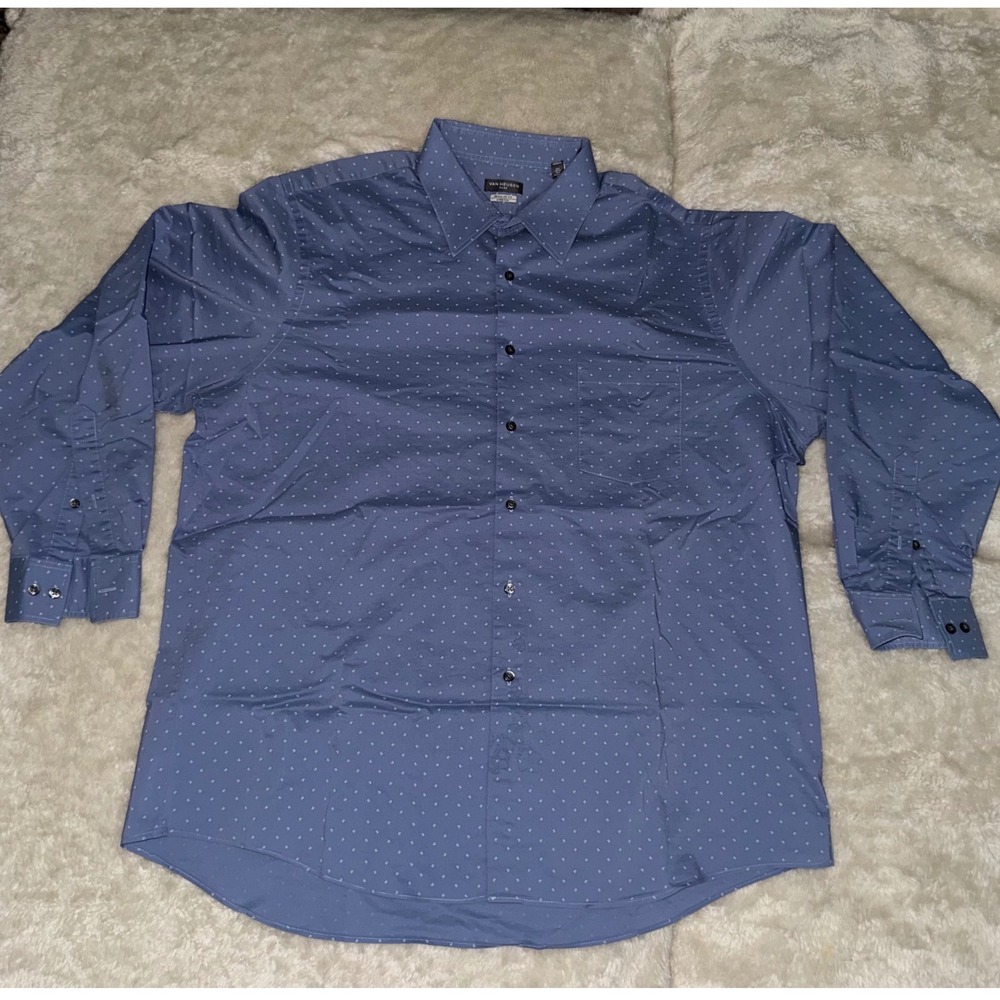 Van Heusen Flex Mens XL Blue Micro Print Reg. Fit Stretch Dress Shirt 17.5 34-35